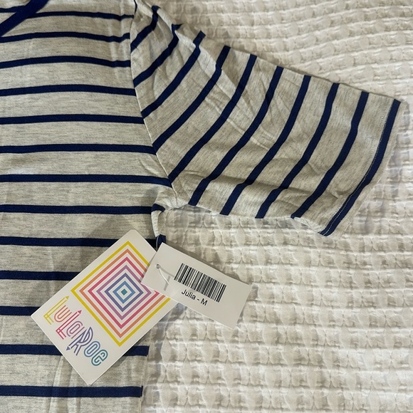 LuLaRoe Women’s Julia Dress/Size: Medium/Color: Gray-Navy Blue Striped (NWT) - Picture 2 of 10
